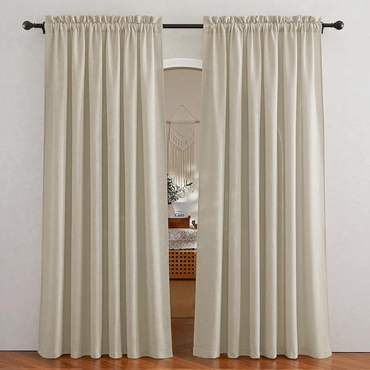 RYB HOME Linen Textured Sheer Curtains 84 inches Long, Privacy Semi-Transparent Sheer Window Curtains for Living Room Bathroom French Door, Deep Beige, W 70 x L 84 inch, 1 Pair