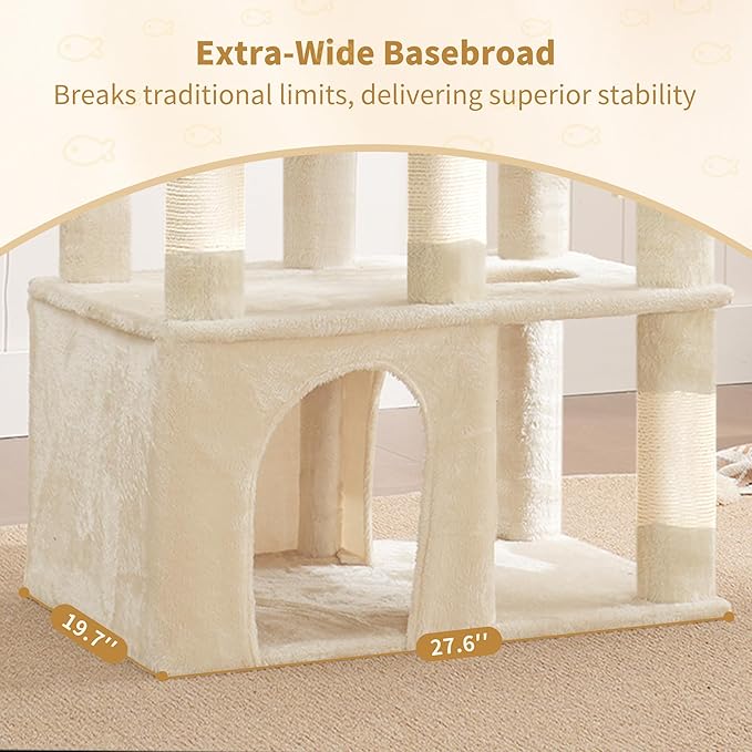 Heybly Heavy Duty Cat Tree, 71-Inch Tall Tower for Large Maine Coon with Extra-Large Baseboard, Cat Condo Furniture with Multi-Level Platforms, 2 Hammocks and 12 Scratching Posts, Beige HCT037M-Mewly Pet