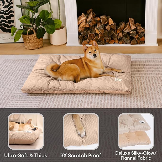 FUNNY FUZZY 2 in 1 Dog Bed Crate Pad Mat, Washable Reversible Pet Floor Mats,Fluffy Kennel Pad for Small Large Sized Dog,Indoor Cats,Sleeping Mattress, 23.6" × 17.9", Beige-Mewly Pet