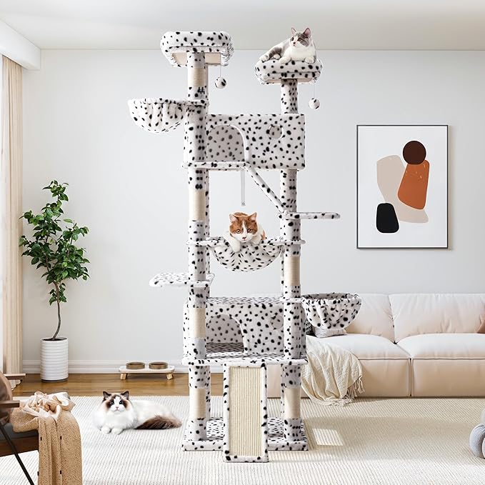 Allewie 81 Inches Tall Cat Tree/Multi-Level Large Climbing Tree House and Towers for Big Feline/Condo and Hammock/Scratching Post/Wide Base/White & Black Spot-Mewly Pet