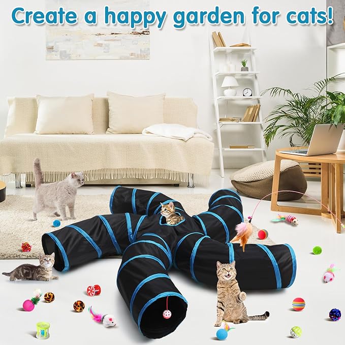 Poen 21 Pcs Cat Tunnel for Indoor Set Collapsible 5 Way Tubes with 20 Pcs Cat Kitten Toys Interactive Feather Toy Mouse Crinkle Balls Tube for Puppy Kitten Rabbit(Blue Black)-Mewly Pet