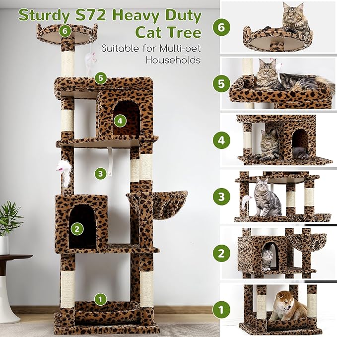 Globlazer Heavy Duty Cat Trees for Large Cats, Sturdy 72in Maine Coon Cat Tree for Large Cat 20 lbs+ Heavy Duty Cat Tower for Adult Biggest Cats with 6 Scratching Posts, Hammock, S72, Leopard Print-Mewly Pet
