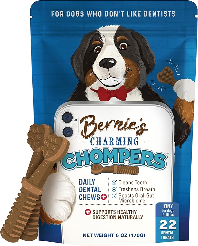 Bernie's Charming Chompers - Daily Dental Chews for Dogs 5-15 Lbs. - 22 Count - Cleans Teeth, Freshens Breath, + Boosts Oral-Gut Microbiome. Easy to Digest, Supports Healthy Digestion Naturally-Mewly Pet