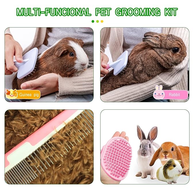 Small Animal Pet Grooming Kit with Pet Shedding Slicker Brush, Bath Massage Glove, Pet Grooming Comb, Nail Clipper Trimmer for Rabbit, Puppy, Kitten, Guinea Pig, Hamster, Ferret (Pink)-Mewly Pet