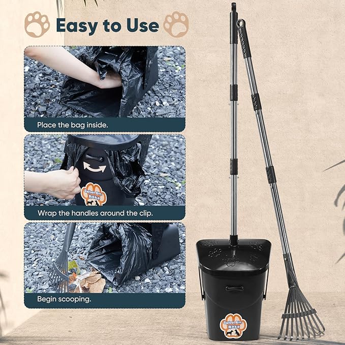 Stainless Steel Dog Pooper Scooper,40" Long Handle Swivel Bin and Rake,20 Waste Bags - Heavy Duty Portable Metal Poop Scooper for Large,Medium and Small Dogs-Mewly Pet