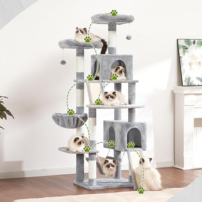 Cat Tree for Indoor Cats, 71'' (180cm) Multi-Level Cat Tower for Large Adult, Sturdy Cat Tree House with 2 Scratching Boards 7 Posts, 2 Plush Perches/Condos, Hammock, Light Gray GCT032W-Mewly Pet