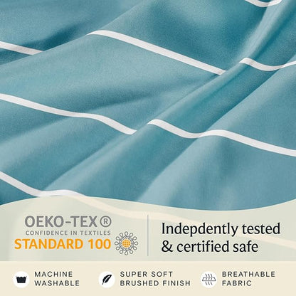 LuxClub 4 PC Queen Size Sheet Set Bed Sheets, Breathable Luxury Deep Pockets 16" Wrinkle Free Cooling Sheets Machine Washable Hotel Bedding (Queen, Striped Light Blue)