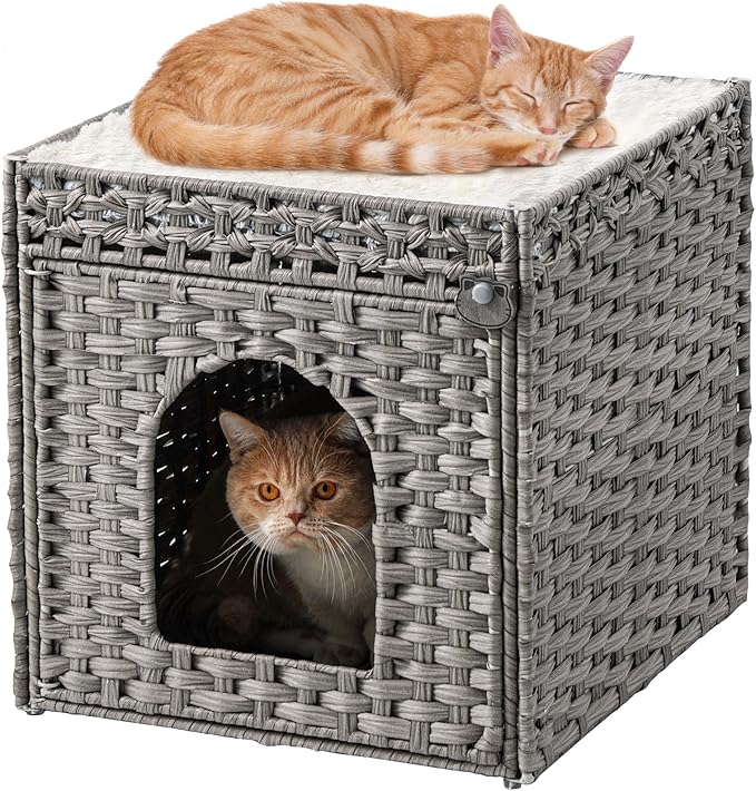 Cat Beds for Indoor Cats Extra Large Double Cat Cave Pet Cube, Handwoven Rattan Cat Houses with Double-Sided Soft Cushions, 18.5 x 20.5 x 19.1 Inches Foldable Hideaway in Living Room Gray-Mewly Pet