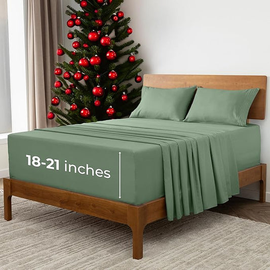 Mellanni Extra Deep California King Sheets - 4 PC Iconic Collection Bedding - Hotel Luxury, Ultra Soft, Cooling Bed Sheets - Wrinkle, Fade, Stain Resistant (Cal King, Sage)