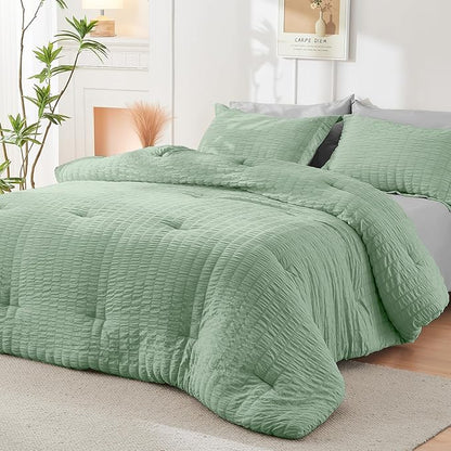 HYMOKEGE Sage Green/Light Grey Queen Comforter Set Seersucker 7 Pieces, All Season Luxury Bed in a Bag Queen for Bedroom, Bedding Set with Comforter, Sheets, Pillowcases & Shams