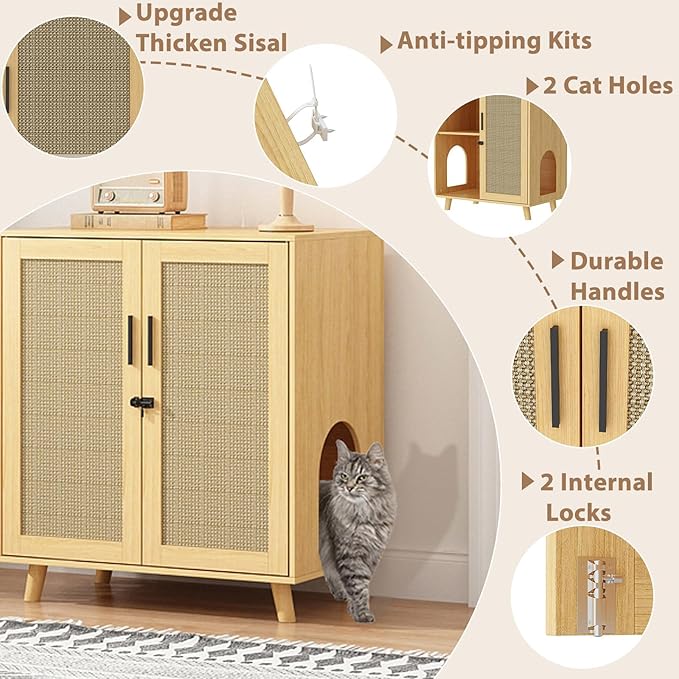 Lovinouse Large Cat Litter Box Enclosure,Hidden Kitty Litter Furniture with Sisal Covered Doors,2-Layer Wooden Cat Washroom Cabinet w/Adjustable Shelf,Side Table for Living Room,Natural-Mewly Pet