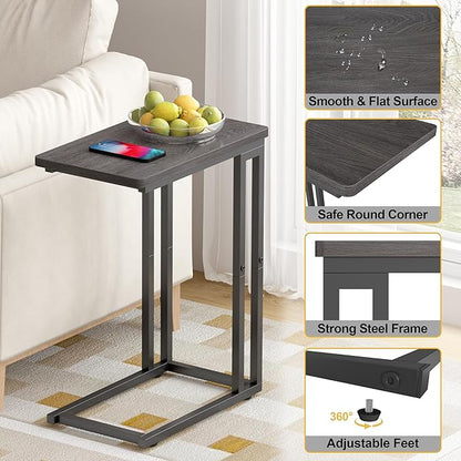 Yusong C Shaped End Table - Slide Under Sofa Couch Bed, Small Table for Small Spaces, Skinny Overbed, Coffee Drink Snack Table for Living Room, Grey Oak