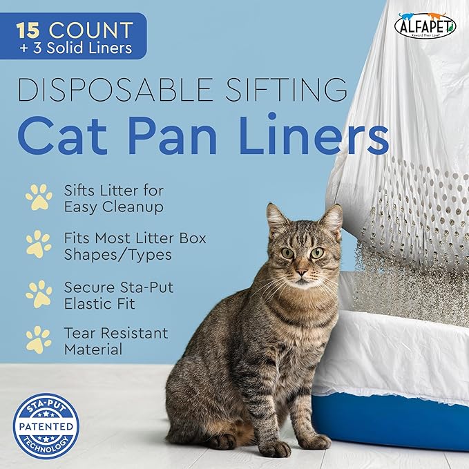 Alfapet Sifting Cat Litter Box Liners - Jumbo 15 Count, Pack of 5 - Tear-Resistant Cat Litter Bags, Waterproof Kitty Litter Liners, Fits Litterbox Pan Sizes X-Large, X-Giant, 37" x 18" 30 lb Capacity-Mewly Pet