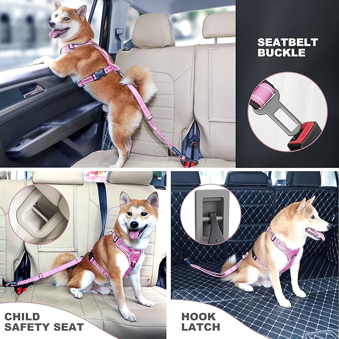 IOKHEIRA Dog Seatbelt - Adjustable Reflective Bungee Harness with Aluminum Swivel Carabiner-Mewly Pet