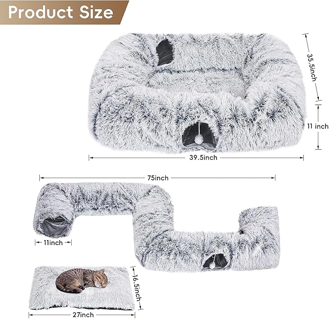 Extra Large Cat Tunnel Bed, 4 Ways Tunnels for Indoor Cats, Multi-cat Family Peekaboo Cave & Cat Bed, Plush Cat Donut with Washable Middle Mat, Exit Balls, Pet Play Toy for Kitten Puppy Rabbit-Mewly Pet