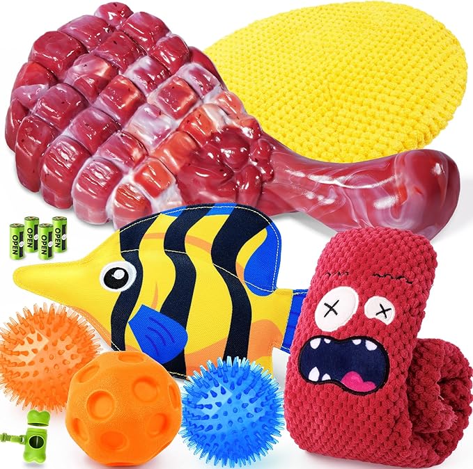 KIPRITII 12-Pack Large Dog Chew Toys for Aggressive Chewers - Includes Indestructible Chew Bone, Interactive Tug Toys, Squeaky Toys, Great for Medium & Large Breeds Dog-Mewly Pet