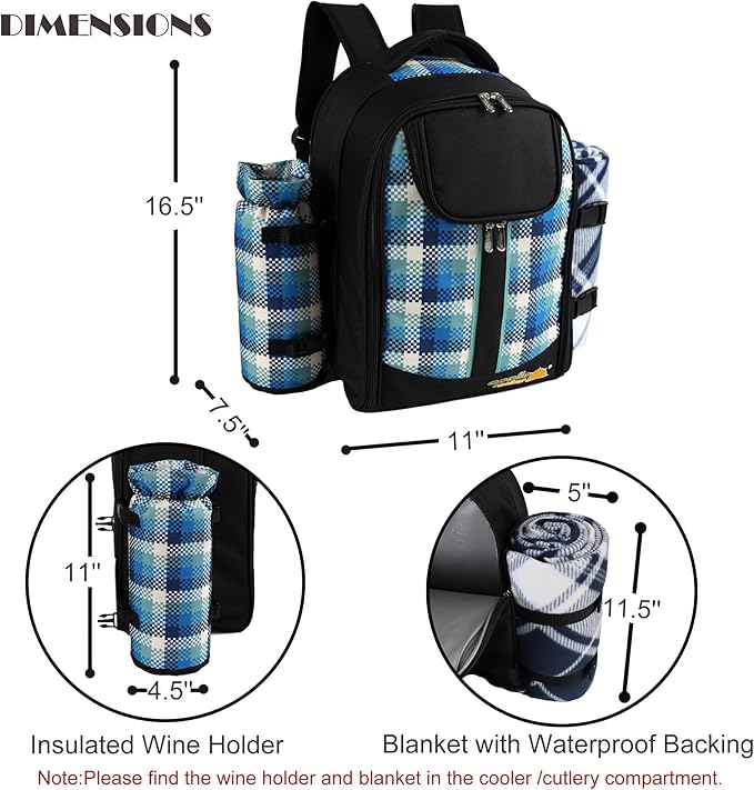 apollo walker Picnic Backpack Bag for 2 Person with Cooler Compartment, Detachable Bottle/Wine Holder, Fleece Blanket, Plates and Cutlery Set-Mewly Pet