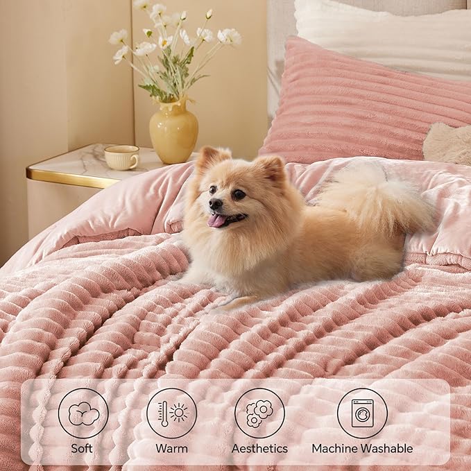 BEDELITE Fleece King Comforter Set -Super Soft & Warm Fluffy Dusty Pink Bedding, Luxury Fuzzy Heavy Bed Set for Winter with 2 Pillow Cases