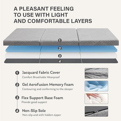 Tri-Fold Memory Foam Mattress, 6 inch Queen Folding Topper with Collapsible and Washable Cover, Travel and Guest Mat, 80"×60"×6", Grey