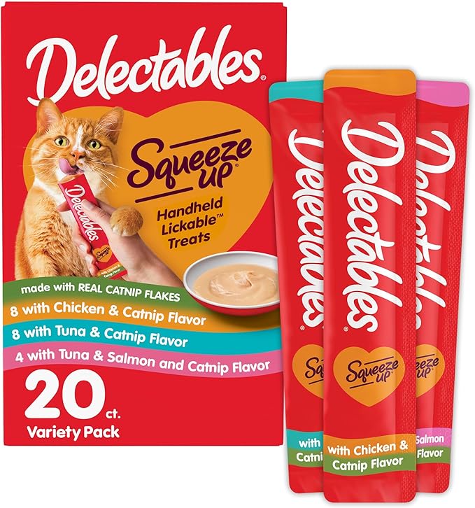 Delectables Squeeze Up Catnip Variety Pack, Creamy Squeezable Puree, Lickable Wet Cat Treats, Grain Free, No Added Fillers, No by-Products, No Added Preservatives, 0.5 Ounces Tube, 20 Tubes Total-Mewly Pet
