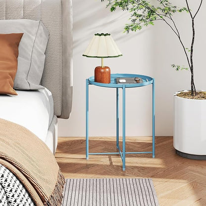 HollyHOME Round Metal Side Table, Outdoor Small Folding Accent Stand with Removable Tray, 17.72'' Portable End Table for Balconies, Gardens, Living Rooms and Bedrooms, Blue