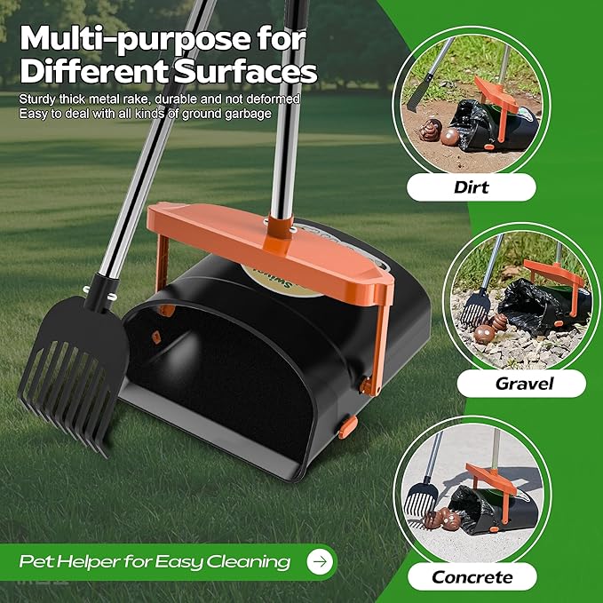 UPSKY Dog Pooper Scooper Swivel Bin & Rake Kit with 100 Waste Bags,33.4" Stainless Steel Long Handle Heavy Duty Pet Poop Shovel for Large Medium Small Dogs, Odor-Proof Lid for Yard/Lawn/Outdoor Use-Mewly Pet