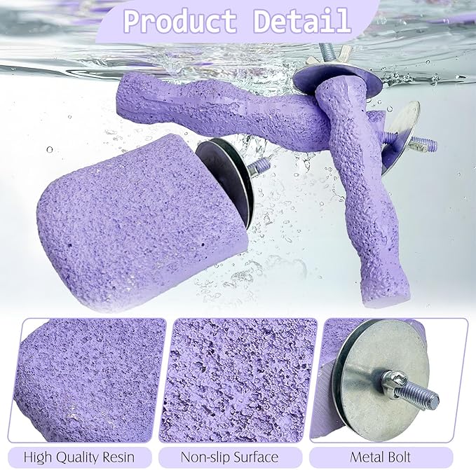 PINVNBY 5 Pack Bird Perch Resin Bird Beak Grinding Stone Parrot Cage Perch Stand Platform Foot Claws Trimmer Chew Toy Bird Cage Accessories for Budgie Cockatiel Conure Lovebird Finch (Purple)-Mewly Pet