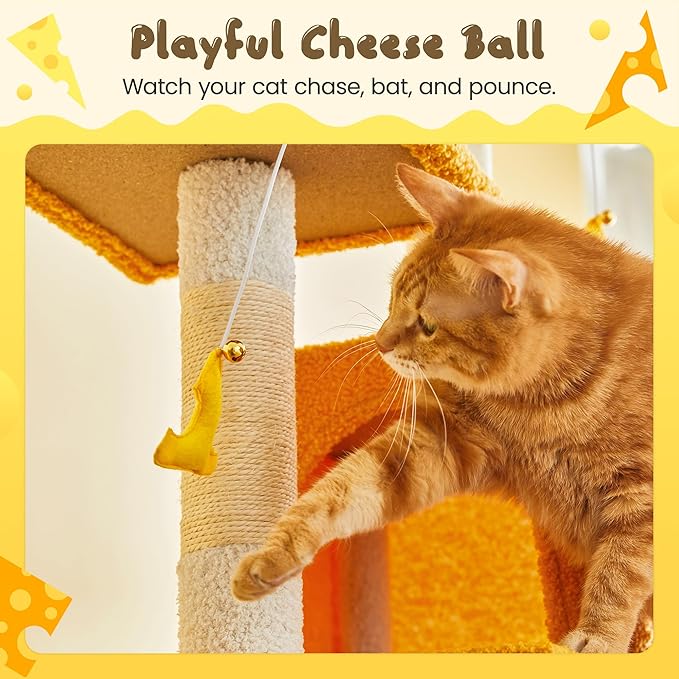 MWPO Cat Tree, 63.8-Inch Cat Tower for Indoor Cats, Multi-Level Cat Condo with 5 Scratching Posts, 2 Perches, Hammock, Dangling Toys, Yellow-Mewly Pet