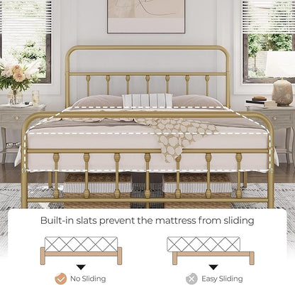 Yaheetech Classic Metal Platform Bed Frame Mattress Foundation with Victorian Style Iron-Art Headboard/Footboard/Under Bed Storage No Box Spring Needed Full Size Antique Gold