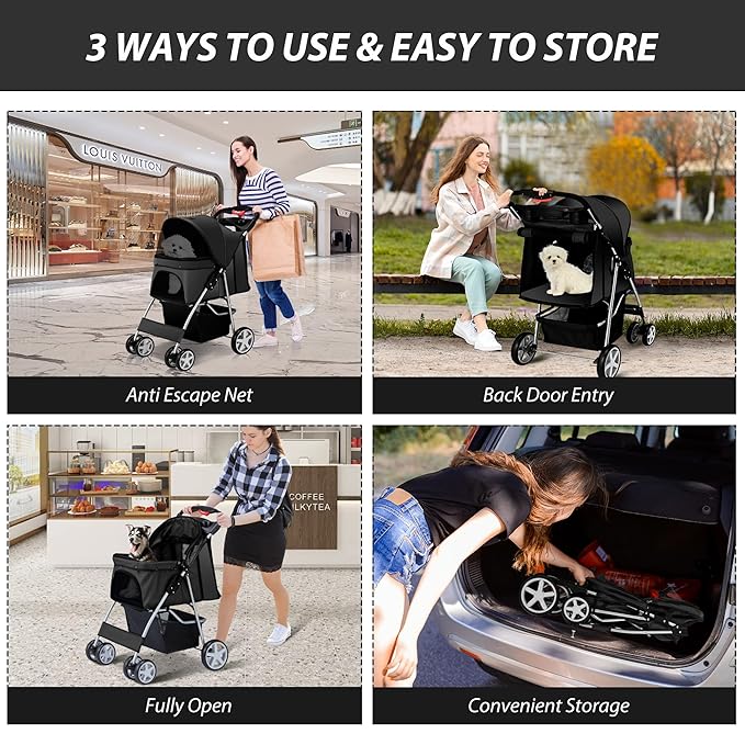 4 Wheels Pet Stroller for Small Medium Dogs Cats 10-33 lbs, Foldable Dog and Cat Stroller with Cup Holder & Storage Basket & Breathable Mesh, Pet Strolling Cart for All-Season, Black-Mewly Pet