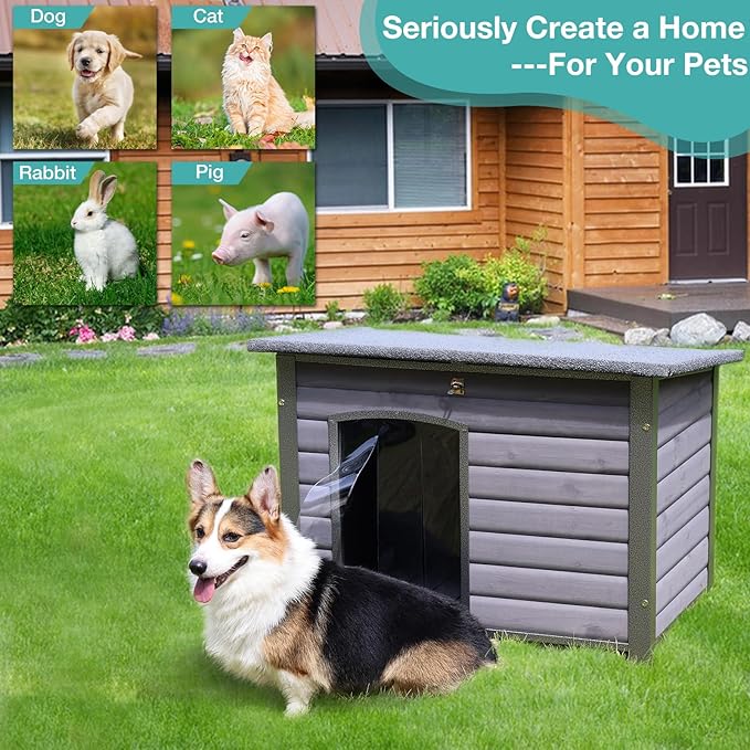 Indoor Outdoor Dog House,Anti-Chewing Iron Frame Dog Kennel,Wood Warm Pets Home,Weatherproof Outside Shelter for Feral Animal 33.5" (L) X 22" (W) X 25.2" (H) Grey-Mewly Pet