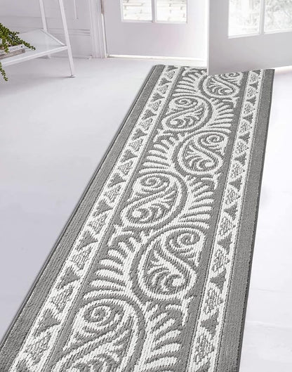 Custom Length Cut to Size Tribal Ethnic Southwestern Inspired Hallway Runner Rug, Non Slip Rubber Backed, 31 inch Wide X Customized Length, Mayan Grey, 31 inch X 20 feet