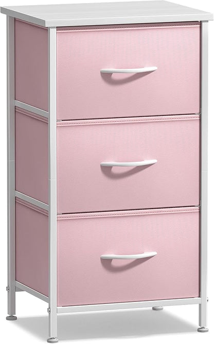 Sorbus Nightstand with 3 Drawers - Bedside Furniture & Accent End Table Chest for Home, Bedroom Accessories, Office, College Dorm, Steel Frame, Wood Top, Pastel Fabric Bins (Pink)