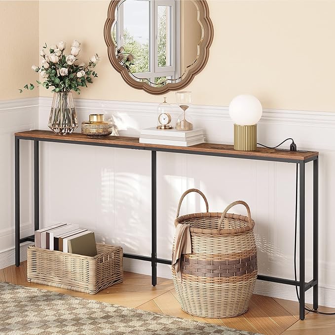 70.9'' Console Table with Power Outlet, Narrow Sofa Table, Industrial Entryway Table with USB Ports, Behind Couch for Entryway, Hallway, Foyer, Living Room, Rustic Brown CTHR18E01Z1