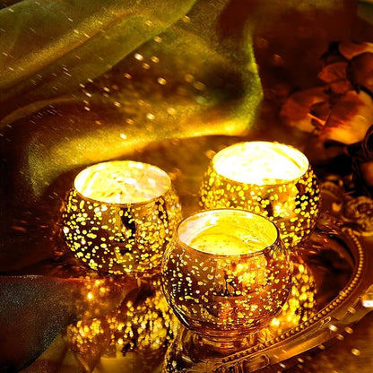 Rtteri 24 Set Votive Candle Holders Wedding Centerpiece Table Decorations Speckled Mercury Glass Votive Candle Holders with Tea Lights Birthday Party Decorations for Home (Gold)