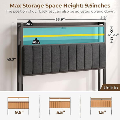 Rolanstar Headboard for Full Size Bed with Storage, 60,000 DIY Color of LED Light, Head Board with USB & Type C Port, Height Adjustable, Black Upholstered Cabeceras de Cama Comfortable Modern, Stable