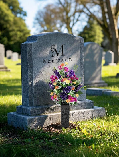 Artificial Cemetery Flowers for Grave: Memorial Day Flowers for Cemetery - Outdoor Grave Decorations - 2 Pcs Purple Violet Mums Bouquets with Vases