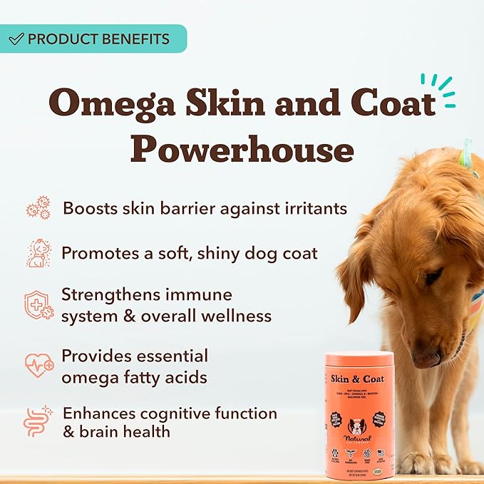 Natural Dog Company Skin & Coat Supplement for Dogs Omega-3 Rich Salmon Oil Chews for Itchy Skin Relief, Shedding & Allergy Support, Shiny Coat Health, with Biotin, Vitamin E, Grain-Free (180 Count)-Mewly Pet