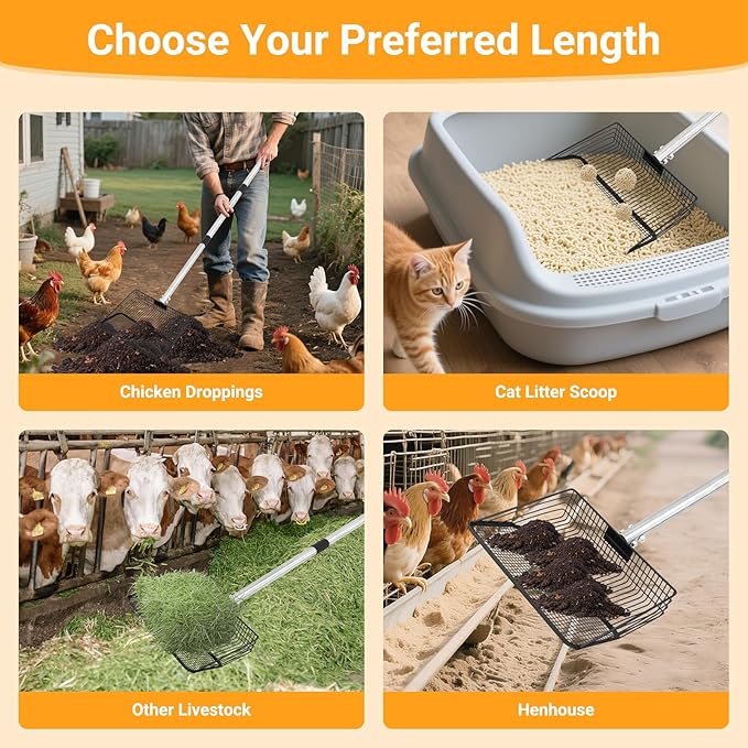 Large Metal Chicken Poop Scooper, 36 to 75" Adjustable Long Chicken Coop Litter Scoop with Stainless Steel Handle, Durable Sand Sifting Litter Shovel for Chicken Coops & Small Farm Animals-Mewly Pet