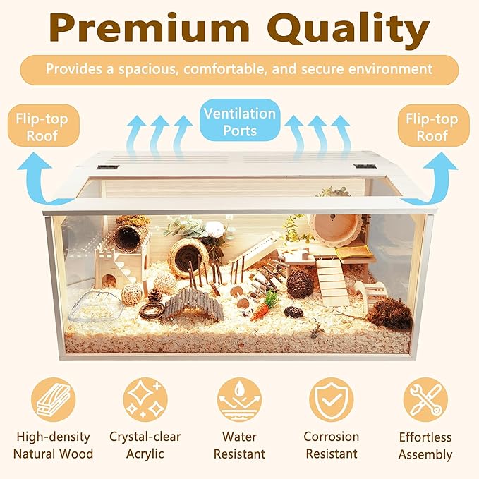 Prolee Hamster Cage Chewproof Wood, Mice and Rat Habitat Openable Top with Acrylic Sheets Solid Built, Small Animal Cage, 40 Inch Length-Mewly Pet