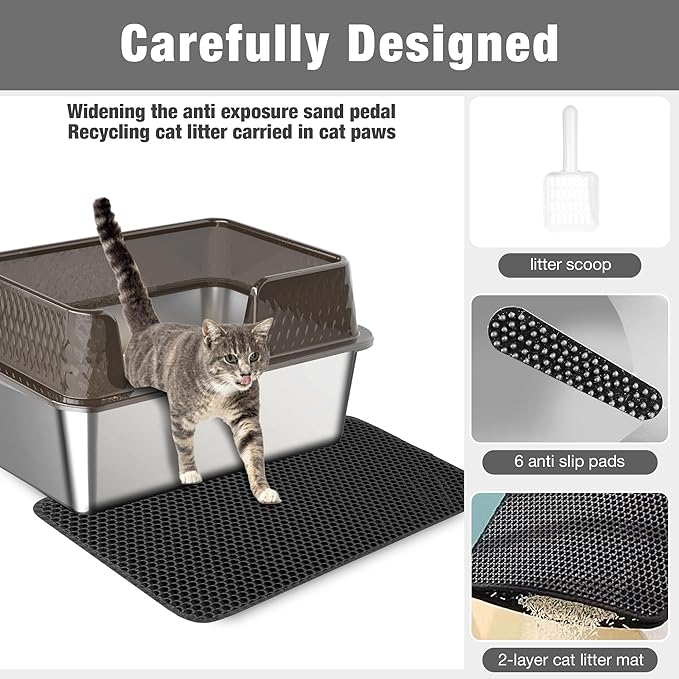 Suhaco Stainless Steel Litter Box Side Entry, Kitty Litter Mat and White Scoop Included Covered Metal High Sided Extra Large Cat Litter Box with Lid Removable Enclosure for Medium Cats (Tall Black)-Mewly Pet
