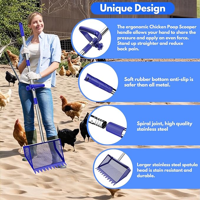 Chicken Poop Scooper & Rake 2-in-1, 304 Stainless Steel Shovel Head, Chicken Litter Scoop with Handle for Chicken Coop & Pet Waste Cleaning, Litter Sifting Shovel (35 to 65") US Patent Pending-Mewly Pet