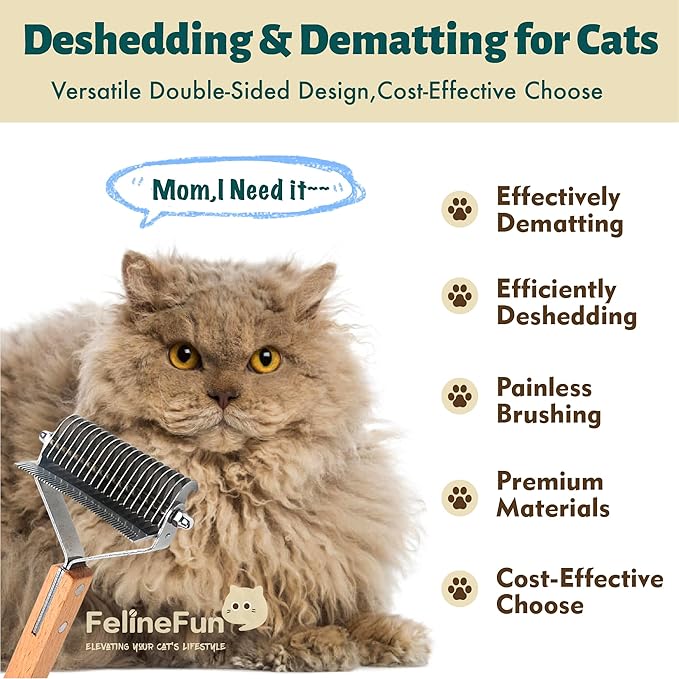 FelineFun Cat Brush for Dematting & Deshedding, 2 in 1 Undercoat Rake, Efficiently Remove Loose Hair & Matted Fur, Professional Shedding Comb for Indoor Cats & Long Haired Cats-Mewly Pet
