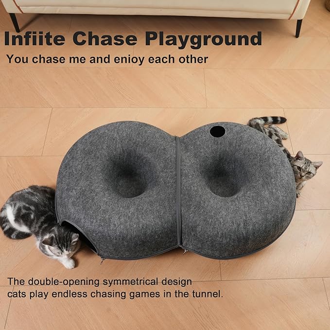8-Shaped Large Cat Tunnel Bed for Indoor Cats, Infinite Circulation Peekaboo Cat Cave with 12 Toy Balls, Cat Donut Tunnel for Cats up to 30 Pounds (Dark Grey, L 38x24x11in)-Mewly Pet