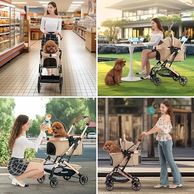 Kenyone 3-in-1 Pet Stroller for Small Medium Dogs Puppy Cat Stroller with Detachable Carrier & Pad Lightweight Foldable Aluminum Alloy Frame Dual No-Zip Entry(Khaki)-Mewly Pet