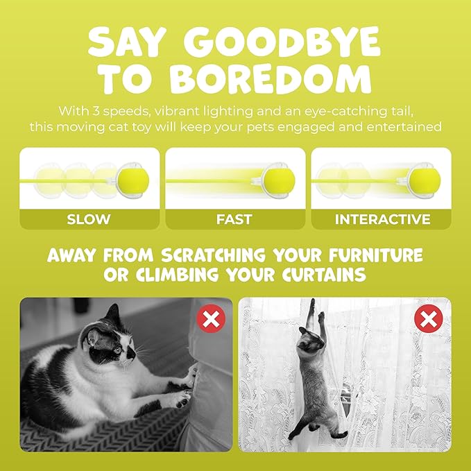 Pawlo Speedy Tail 2.0 Cat Toy –Teazys Turbo Tail Upgrade – Interactive Cat Toy – Kitten Toys – Automatic cat Toy for Boredom – Moving cat Toys for Indoor Cats with 2 Tails (Yellow)-Mewly Pet