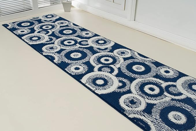 Custom Length Cut to Size Retro Modern Coastal Carpet Runner Rug for Hallways, Non Slip Rubber Backed, 31 inch Wide X Customized Length, Geo Blue, 31 inch X 12 feet