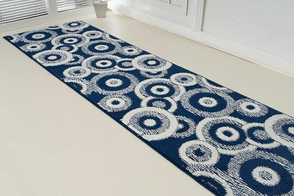 Custom Length Cut to Size Retro Modern Coastal Carpet Runner Rug for Hallways, Non Slip Rubber Backed, 31 inch Wide X Customized Length, Geo Blue, 31 inch X 12 feet
