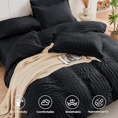 HYMOKEGE Black Twin Comforter Set Seersucker 5 Pieces, All Season Luxury Bed in a Bag for Bedroom, Bedding Set with Comforters, Sheets, Pillowcase & Sham