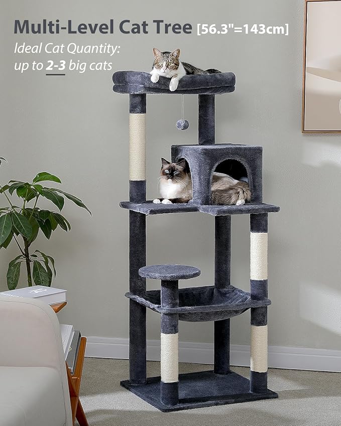 Cat Tree for Large Cats with Metal Plush Big Hammock, 56.3" Cat Tower for Indoor Cats with 2 Door Condo House, 6-Tier Cat Shelves with Scratching Posts and Large Top Perch, Dark Gray-Mewly Pet